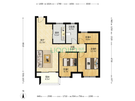 奥园誉景华庭 3室1厅1卫 85平方