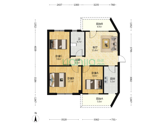 浅水湾山庄 3室1厅1卫 75平方