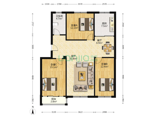 炜伦广场 3室2厅1卫 115平方