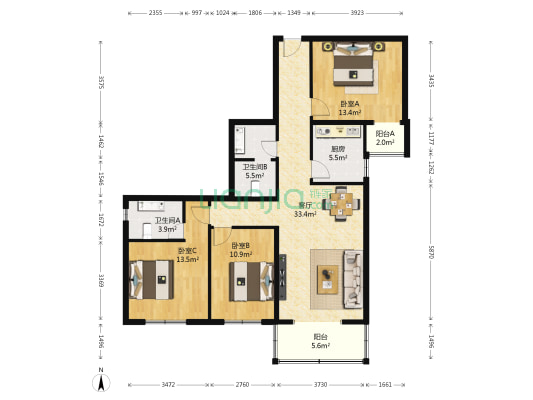 紫萝园 3室1厅2卫 125平方