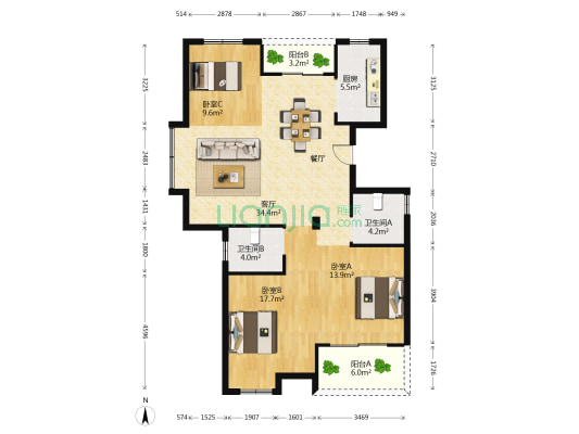湖岸明珠家园 3室1厅2卫 129平方