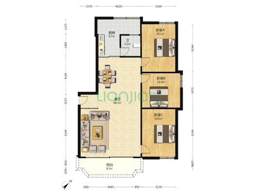 下角南路12号 3室1厅1卫 107平方