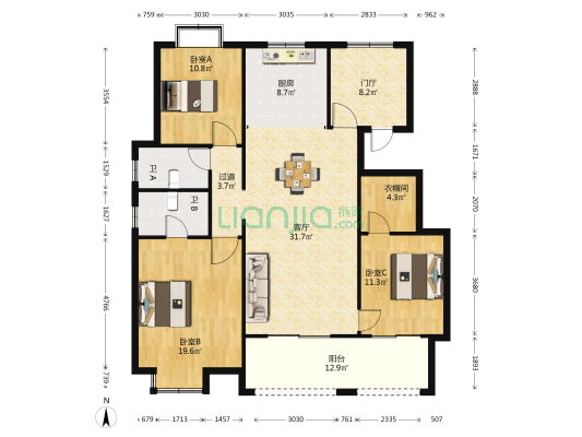 中梁国宾壹号 3室1厅2卫 131平方