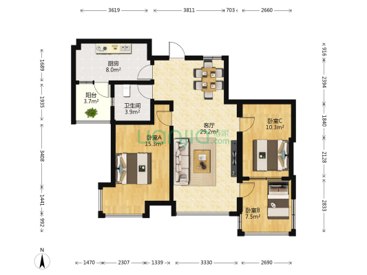 美丽花园 3室1厅1卫 91平方