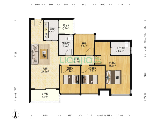 美的壹号公馆 4室1厅2卫 114平方