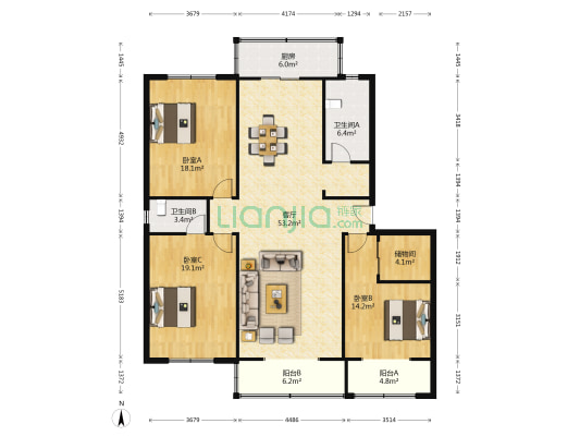 桃园洋房 3室1厅2卫 160平方