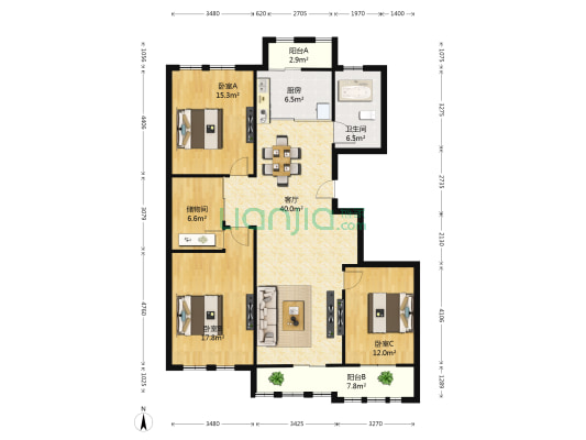 竹韵花园 3室1厅1卫 140平方