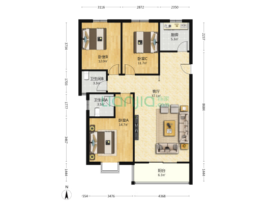 秦宝花园 3室1厅2卫 121平方