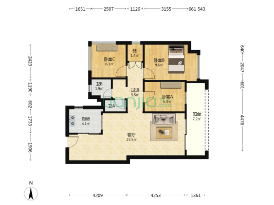 信城缙华府 3室1厅2卫 82平方