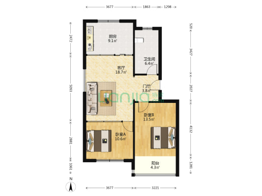 温馨家园 2室1厅1卫 83平方