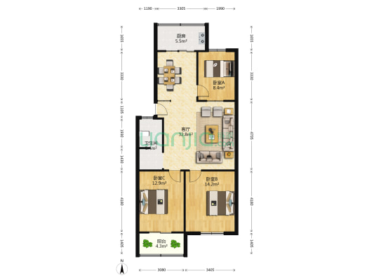 兴隆花园一期 3室1厅1卫 106平方