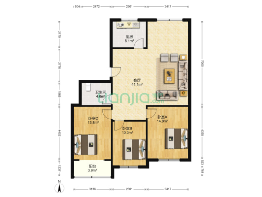 紫竹苑 3室1厅1卫 114平方