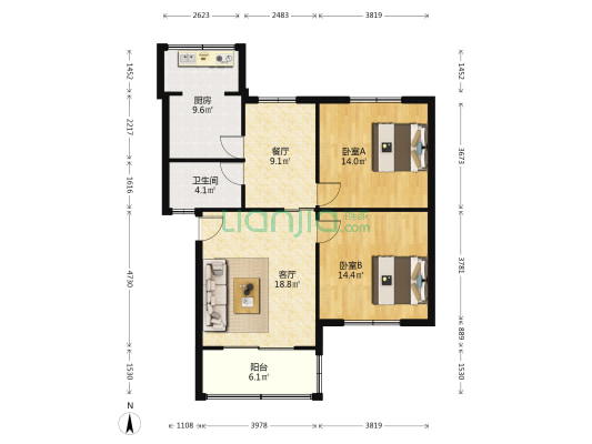 怡然小区 2室2厅1卫 80平方