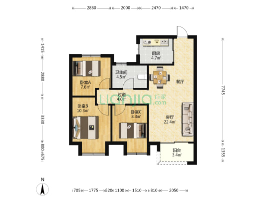 金辉芸都尚院 3室1厅1卫 90平方