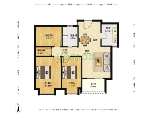 万科金域铭居 2室1厅1卫 108平方
