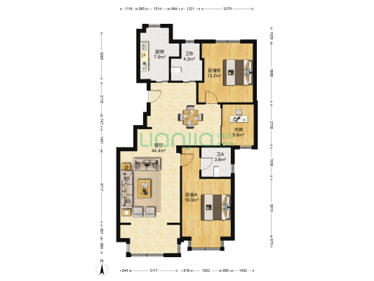 中河华庭 3室1厅2卫 120平方