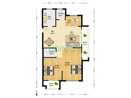 绿城华景川百合花园 3室2厅2卫 119平方