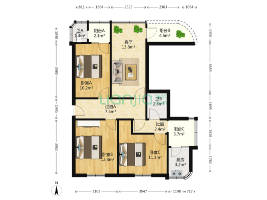 夏商物流宿舍 3室1厅2卫 95平方