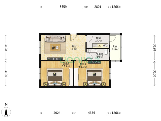 龙兴苑 2室1厅1卫 69平方
