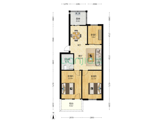 中建七局宿舍 3室1厅1卫 74平方