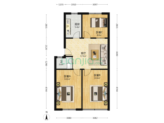 华中东路2号商住楼 3室1厅1卫 85平方