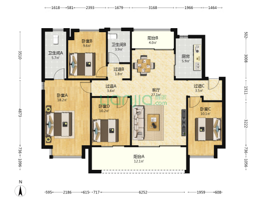 卓越洋湖晴翠 4室1厅2卫 144平方