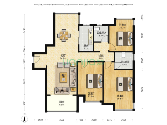 新力睿园 3室1厅2卫 124平方