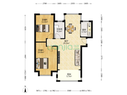 中建溪岸观邸南区 2室1厅1卫 91平方