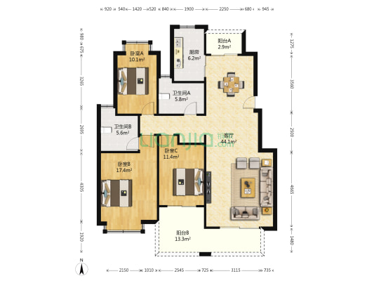 南国名城 3室1厅2卫 140平方