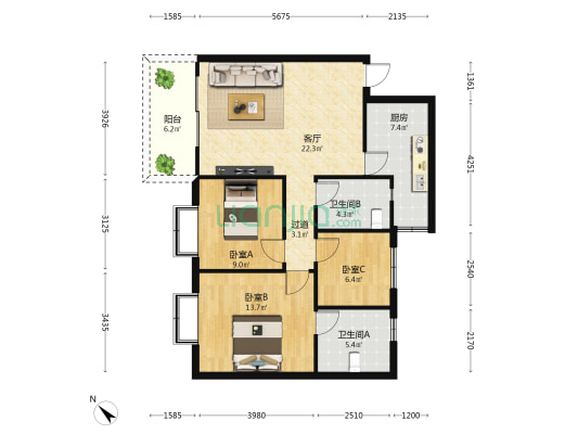 裕庄大厦 3室1厅2卫 97平方