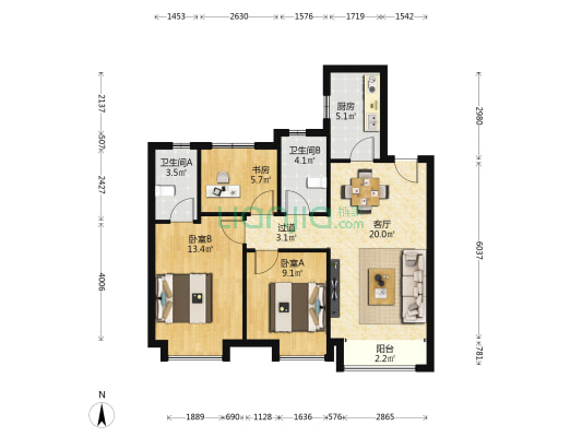 紫薇.华发CID中央首府.云曦时光 3室1厅2卫 95平方