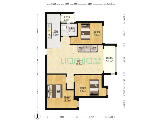 滨城珑湾 3室1厅1卫 92平方