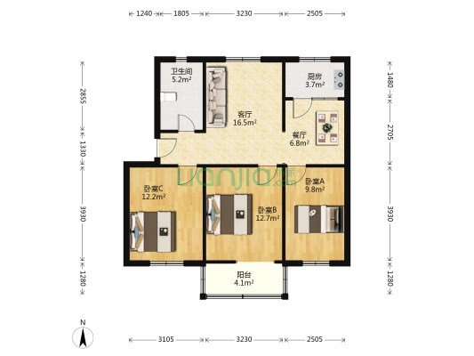 通用院北生活区 3室2厅1卫 88平方