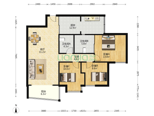 汉正街第一大道 3室1厅2卫 128平方