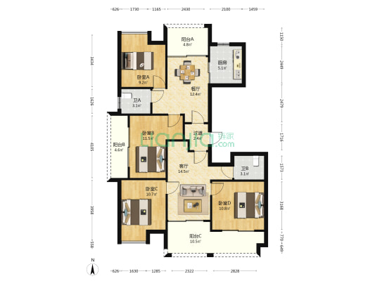 秀水景园 4室2厅2卫 132平方