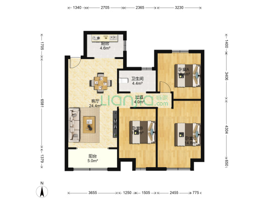 中梁香缇公馆 3室1厅1卫 115平方