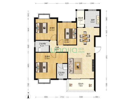 佳禾苑 3室1厅2卫 134平方