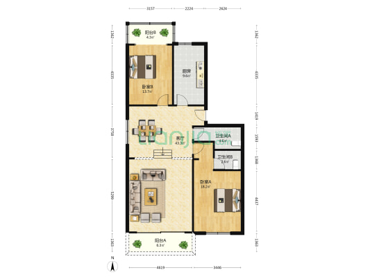 太阳岛花园 2室1厅2卫 121平方