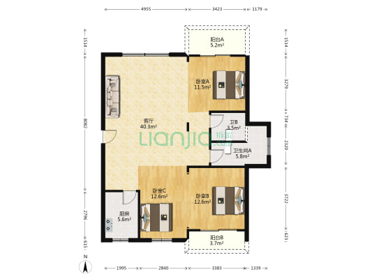 御景天成小区 3室1厅2卫 123平方