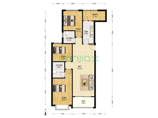 恒大御景湾二期 3室1厅2卫 128平方