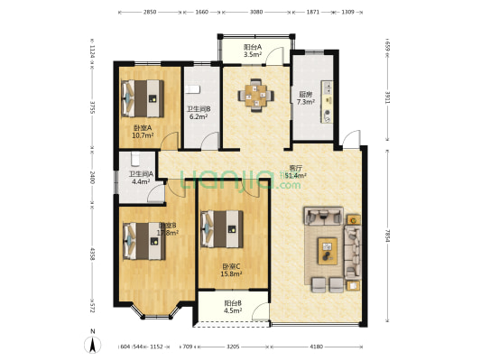 明珠花园 3室1厅2卫 144平方