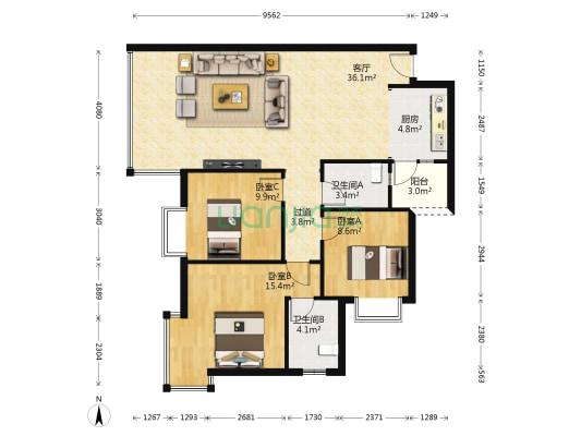 文笔山庄 3室1厅2卫 110平方