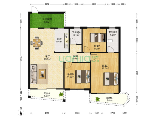 台湾城 3室1厅2卫 119平方