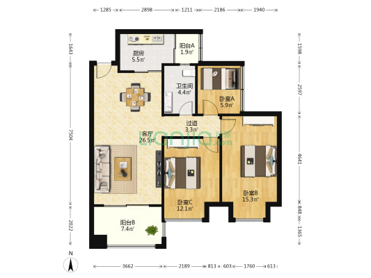 中华广场 3室1厅1卫 100平方