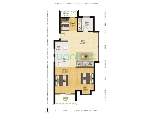 江汇城三期南区 3室1厅2卫 97平方
