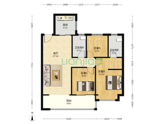 中海南山印 3室1厅2卫 108平方