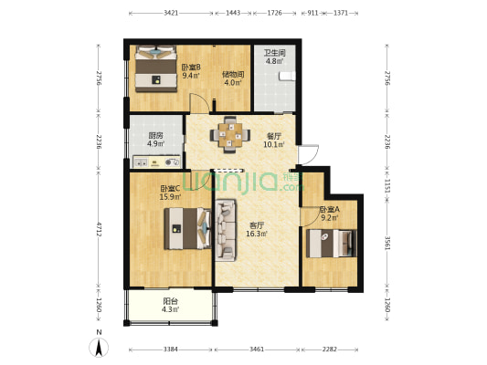 迎泽宾馆宿舍 3室2厅1卫 105平方