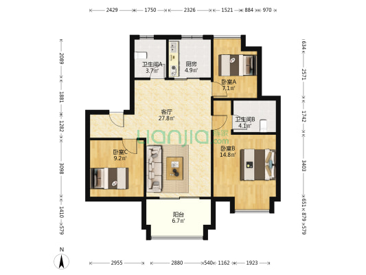 栖樾府 3室1厅2卫 95平方