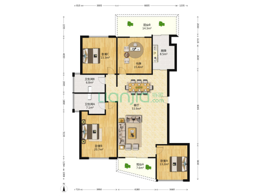东菱梅湾花园 4室1厅2卫 197平方