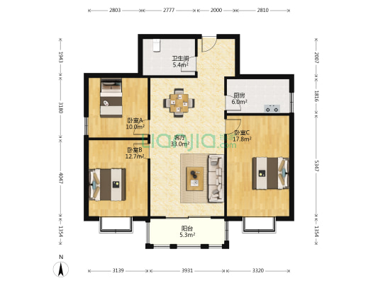 香港国际 3室1厅1卫 116平方